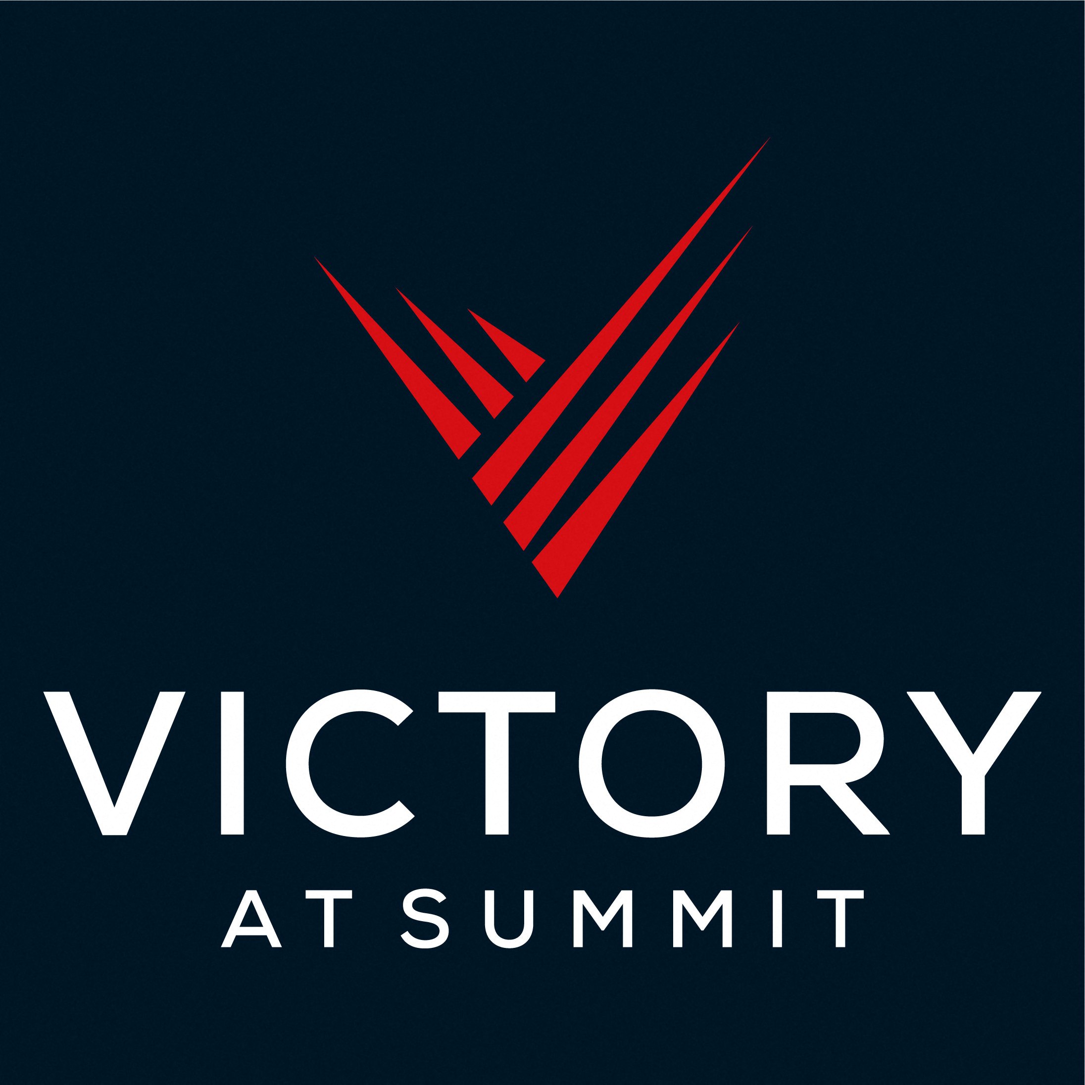 a logo for victory at summit with a blue background and a red pyramid